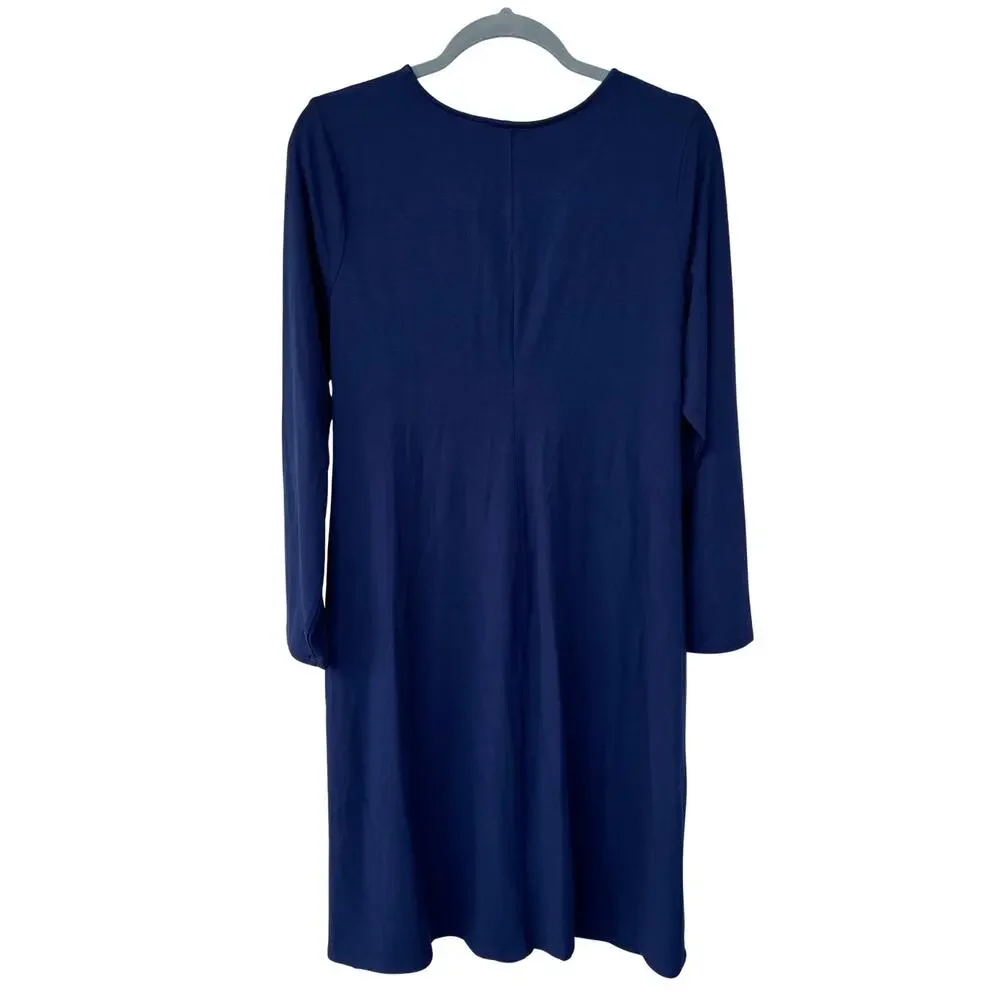 J Jill Wearever Blue Draped Midi Dress Long Sleeve Travel LP Large Petite - Picture 2 of 6